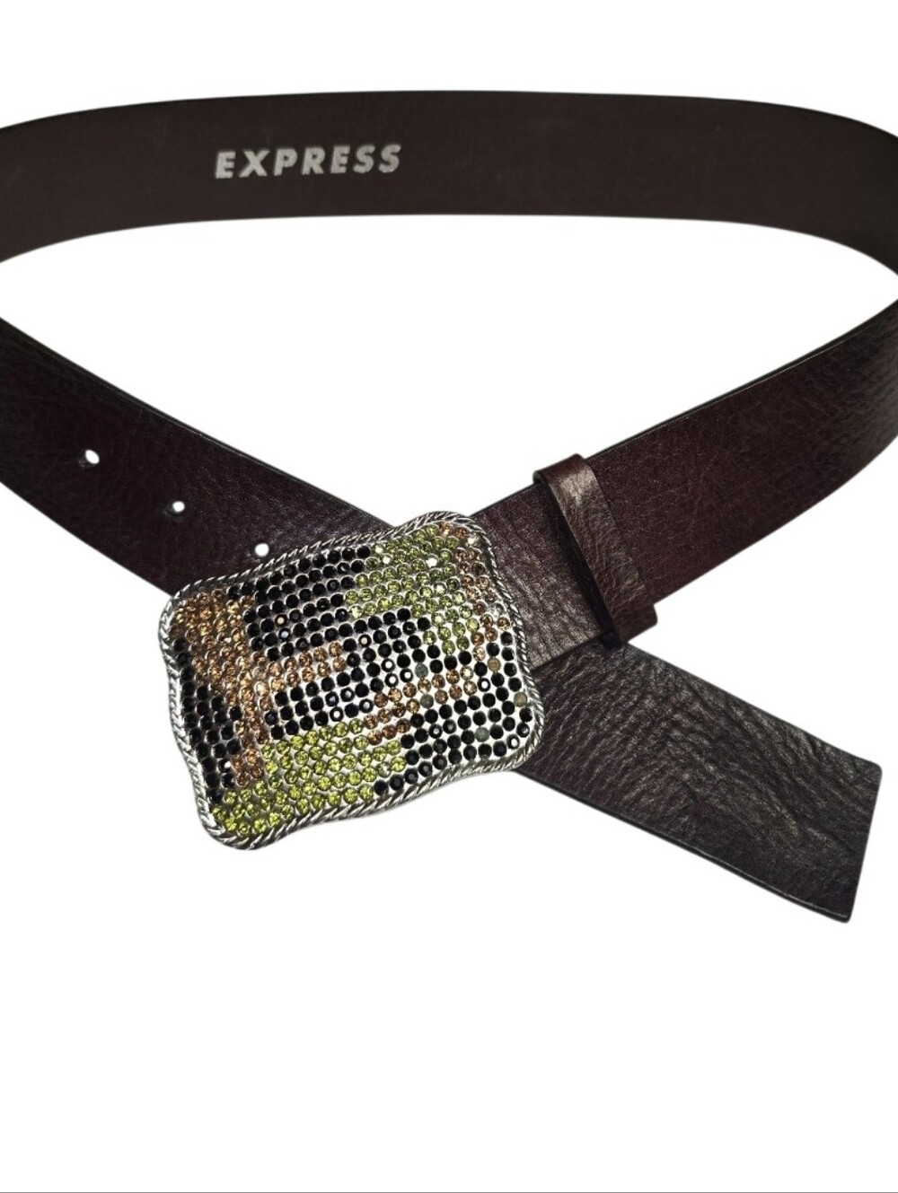 Vintage Express Brown Leather Belt Camouflage Rhinestone Buckle Women’s Size S
